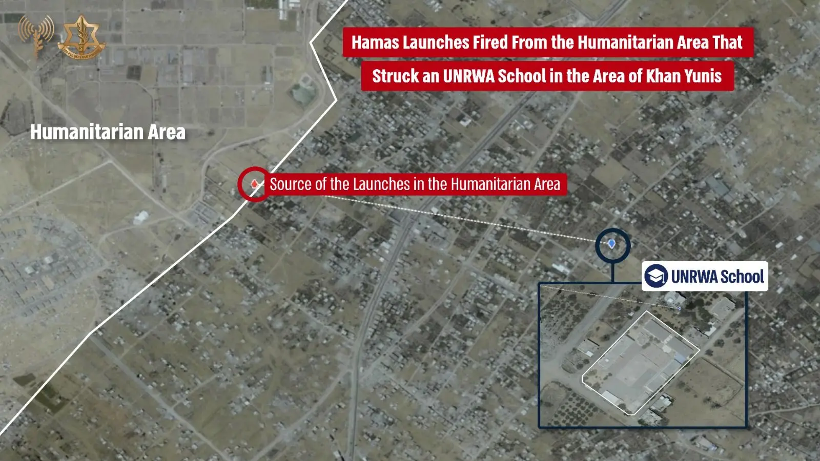 A failed Hamas rocket, launched from the designated humanitarian zone, hit an UNRWA school in Khan Younis, killing two civilians.